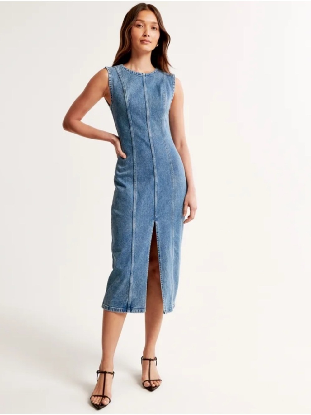 Abercrombie & Fitch Sleeveless Denim Midi Dress in Light DarBlue with Front Slit